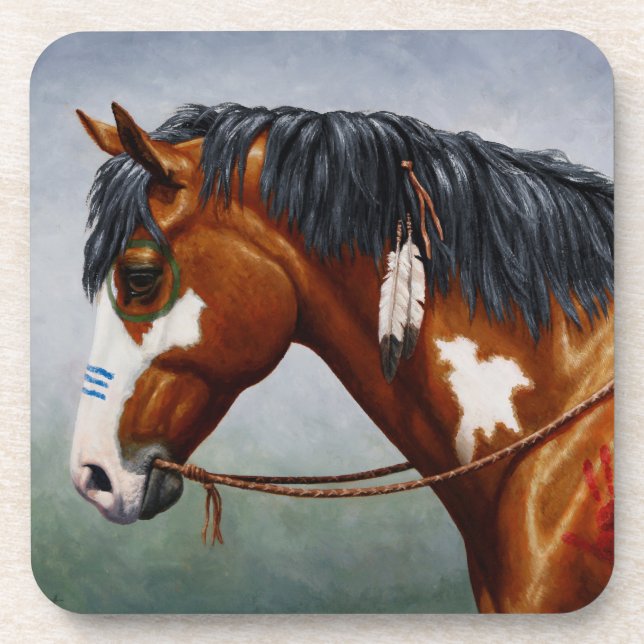 Native American Bay Pinto War Horse Beverage Coaster (Front)