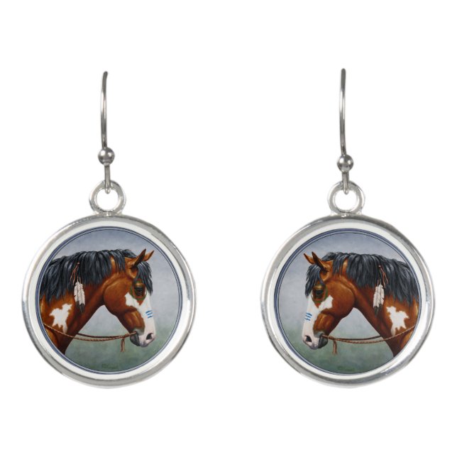 Native American Bay Pinto War Horse Earrings (Front)
