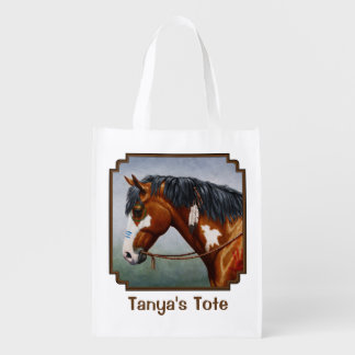 Native American Bay Pinto War Horse Reusable Grocery Bag