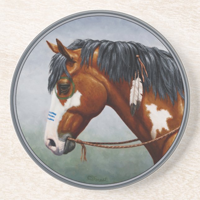 Native American Bay Pinto War Horse Sandstone Coaster (Front)