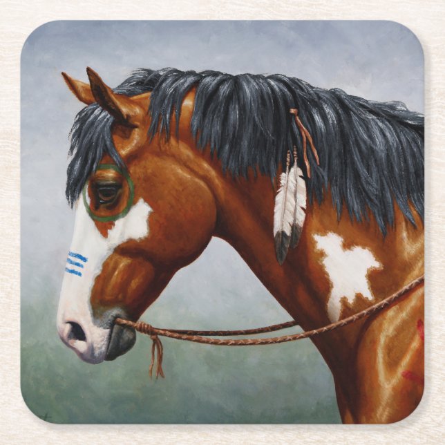 Native American Bay Pinto War Horse Square Paper Coaster (Front)