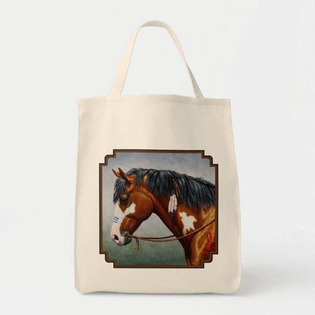 Native American Bay Pinto War Horse Tote Bag (Front)
