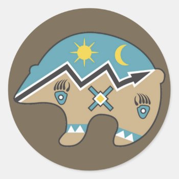 Native American Bear  Blue  Brown Classic Round Sticker by HolidayBug at Zazzle