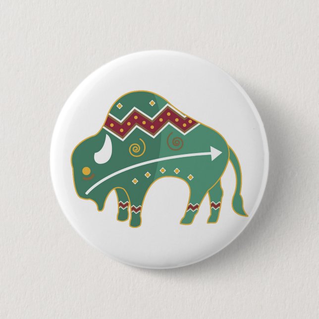 Native American Bison, green Pinback Button (Front)