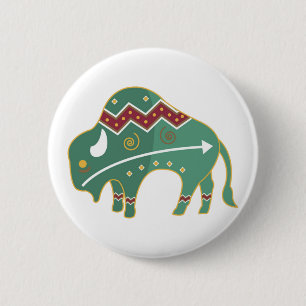 Native American Bison, green Pinback Button