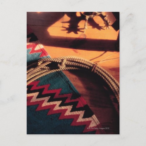 Native American blanket  lasso  and spurs Postcard