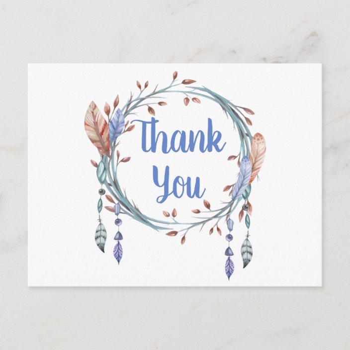 Native American Blue Tribal Feather Boho Thank You Postcard | Zazzle.com