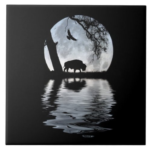 Native American Buffalo and Raven with Full Moon Ceramic Tile