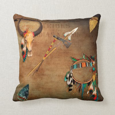 Southwest Native American Skull Turquoise Feathers Throw Pillow