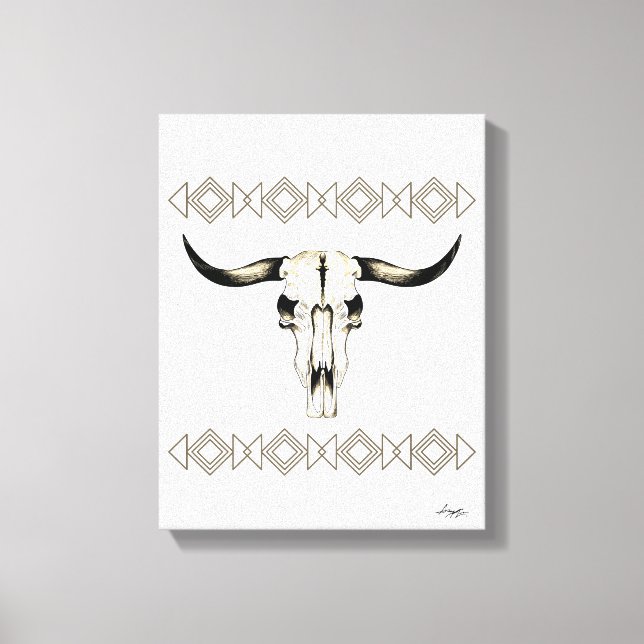 Native American Buffalo Skull Mixed Media Artwork Canvas Print (Front)