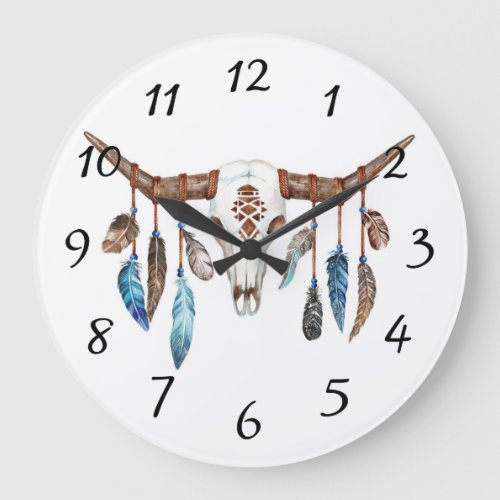 Native American Bull Skull Painting Large Clock