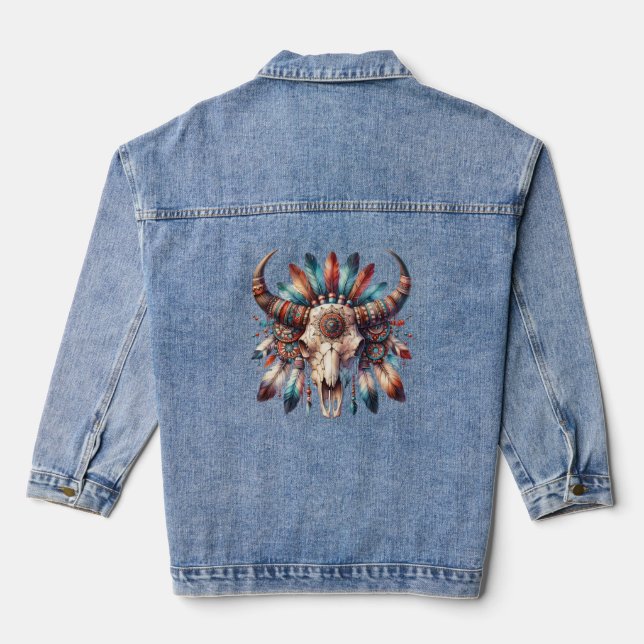 Native American Bull Skull Women's Denim Jacket (Back)