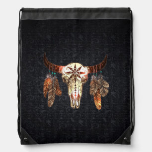 Native American Cattle Head Drawstring Backpack