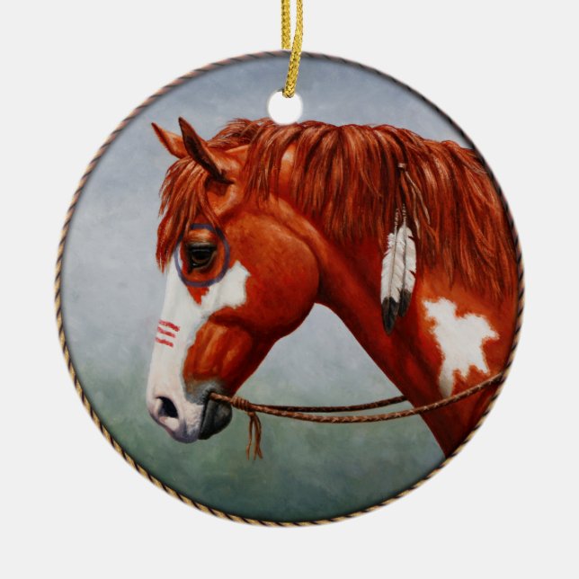 Native American Chestnut Pinto War Horse Ceramic Ornament (Front)