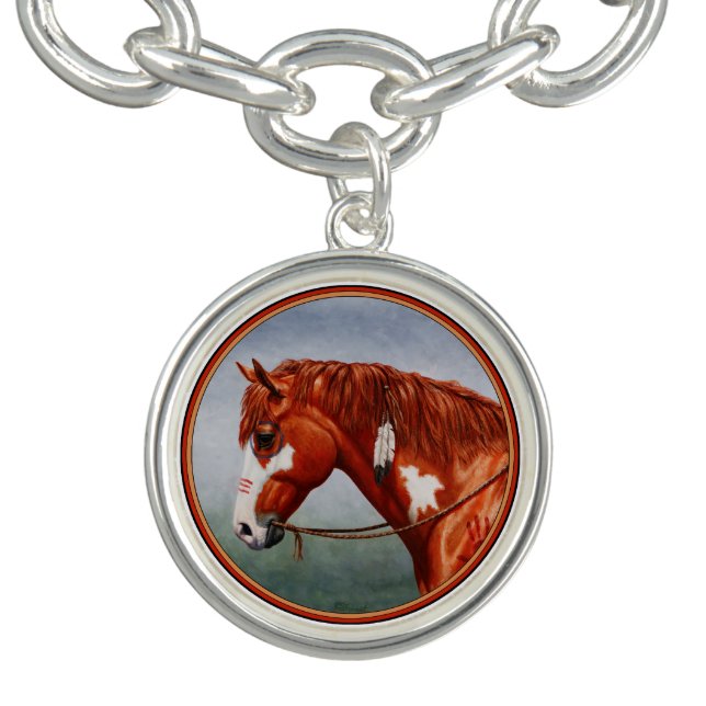 Native American Chestnut Pinto War Horse Charm Bracelet (Design)