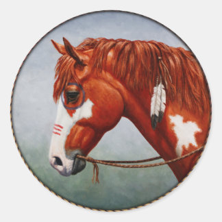 Native American Chestnut Pinto War Horse Classic Round Sticker