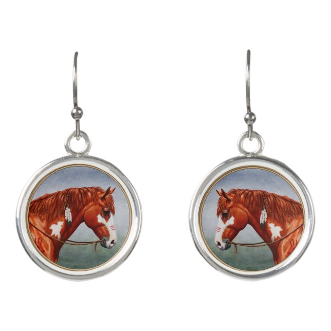 Native American Chestnut Pinto War Horse Earrings (Front)