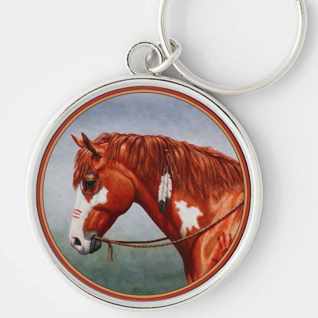 Native American Chestnut Pinto War Horse Keychain (Front)