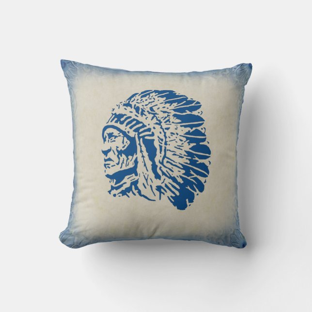 Native American Chief Blue Silhouette Pillow (Front)