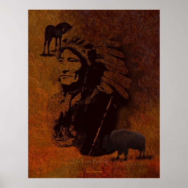 Native American Chief, Buffalo & Pinto Horse Art Poster (Front)