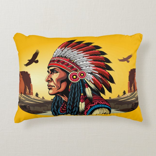 Native American Chief on wild Landscape Sunset Accent Pillow (Front)