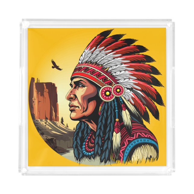 Native American Chief on wild Landscape Sunset Acrylic Tray (Front)