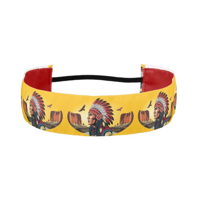 Native American Chief on wild Landscape Sunset Athletic Headband (Front)