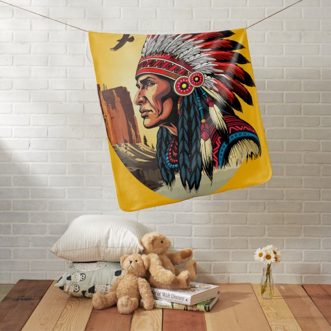 Native American Chief on wild Landscape Sunset Baby Blanket (In Situ)