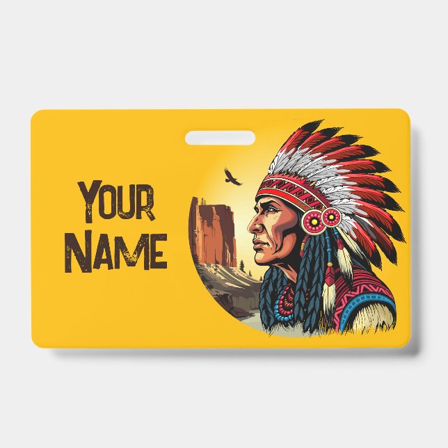 Native American Chief on wild Landscape Sunset Badge (Front)