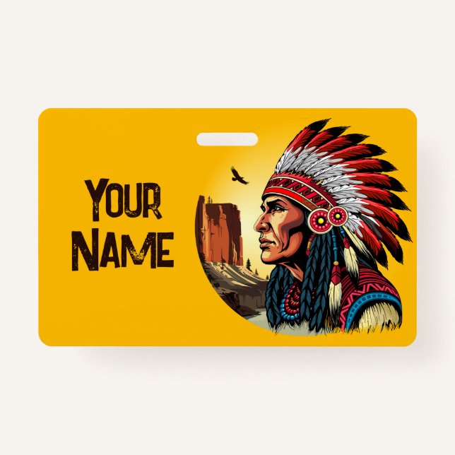Native American Chief on wild Landscape Sunset Badge (Front)