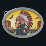 Native American Chief on wild Landscape Sunset Belt Buckle<br><div class="desc">Native American Chief Portrait looking far away in a wild desert Landscape on Sunset Background,  Original Vector Illustration Copyright BluedarkArt TheChameleonArt</div>