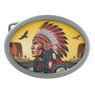 Native American Chief on wild Landscape Sunset Belt Buckle