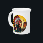 Native American Chief on wild Landscape Sunset Beverage Pitcher<br><div class="desc">Native American Chief Portrait looking far away in a wild desert Landscape on Sunset Background,  Original Vector Illustration Copyright BluedarkArt TheChameleonArt</div>