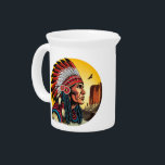 Native American Chief on wild Landscape Sunset Beverage Pitcher<br><div class="desc">Native American Chief Portrait looking far away in a wild desert Landscape on Sunset Background,  Original Vector Illustration Copyright BluedarkArt TheChameleonArt</div>