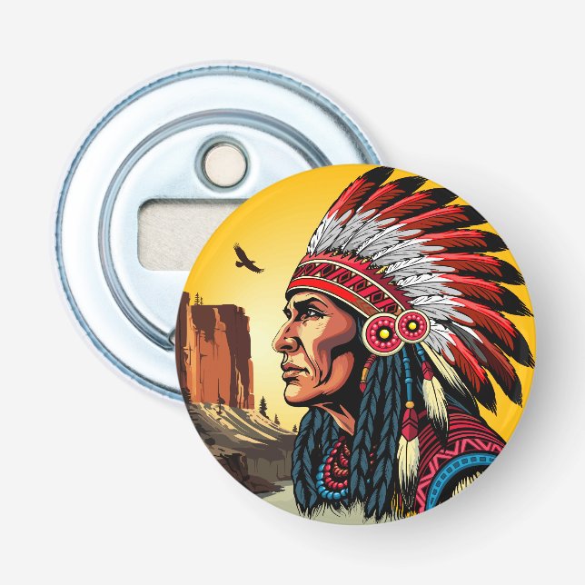 Native American Chief on wild Landscape Sunset Bottle Opener (Front)