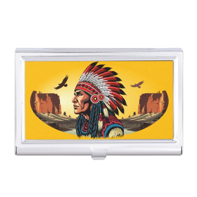 Native American Chief on wild Landscape Sunset Business Card Case (Front)