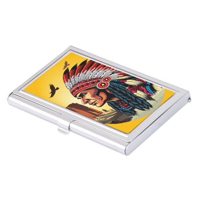 Native American Chief on wild Landscape Sunset Business Card Case (Front)