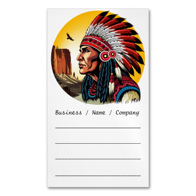 Native American Chief on wild Landscape Sunset Business Card Magnet (Front Vertical)
