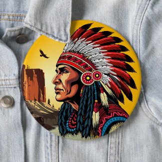Native American Chief on wild Landscape Sunset Button