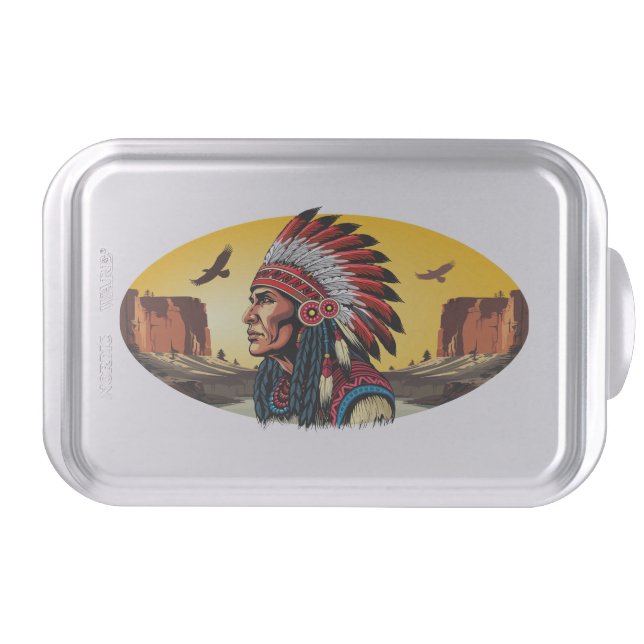 Native American Chief on wild Landscape Sunset Cake Pan (Front)