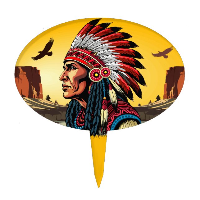 Native American Chief on wild Landscape Sunset Cake Topper (Front)