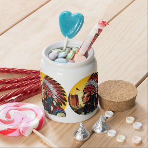 Native American Chief on wild Landscape Sunset Candy Jar