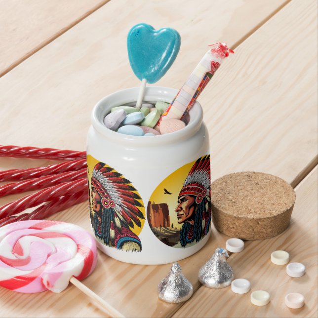 Native American Chief on wild Landscape Sunset Candy Jar (In Situ)