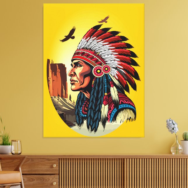 Native American Chief on wild Landscape Sunset Canvas Print (Insitu(LivingRoom))