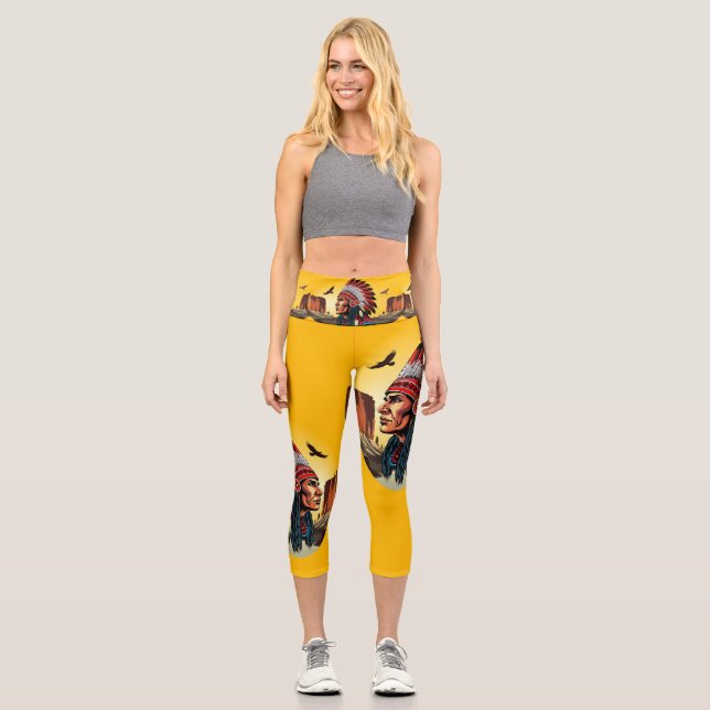Native American Chief on wild Landscape Sunset Capri Leggings (Front)