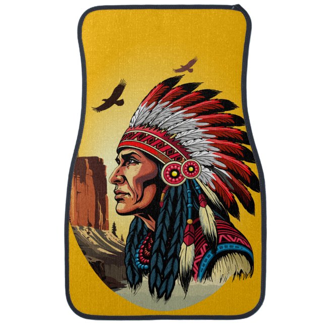 Native American Chief on wild Landscape Sunset Car Floor Mat (Front)