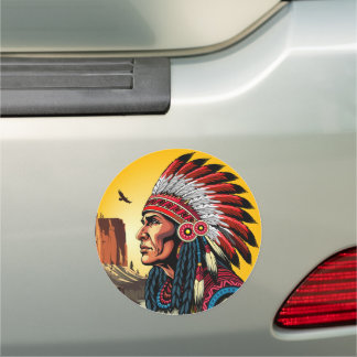 Native American Chief on wild Landscape Sunset Car Magnet