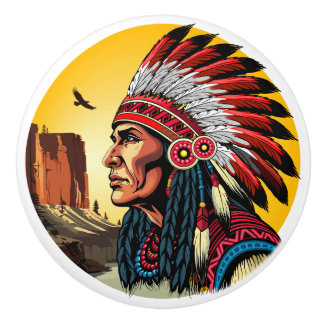 Native American Chief on wild Landscape Sunset Ceramic Knob
