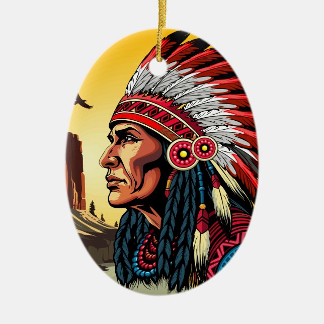 Native American Chief on wild Landscape Sunset Ceramic Ornament (Front)