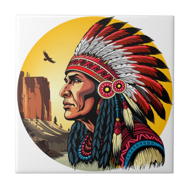 Native American Chief on wild Landscape Sunset Ceramic Tile (Front)